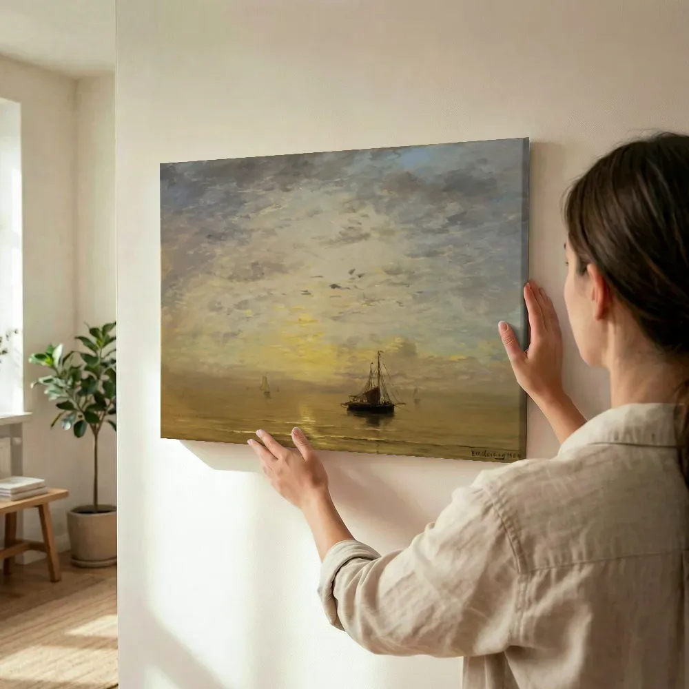 Sfeerimpressie: Marine van Hendrik Willem Mesdag terwijl het wordt opgehangen