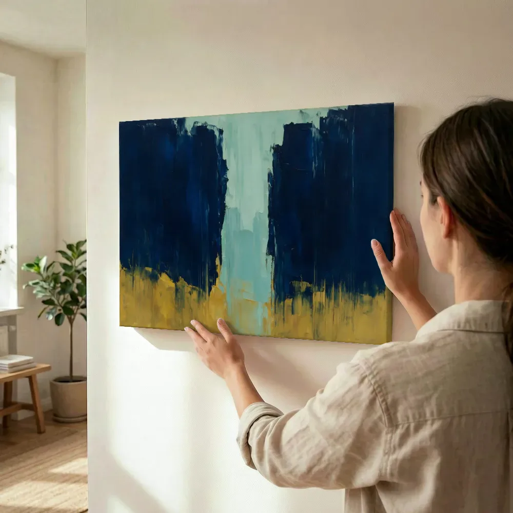 Sfeerimpressie: Marineblauw en mint met lichtspleet terwijl het wordt opgehangen