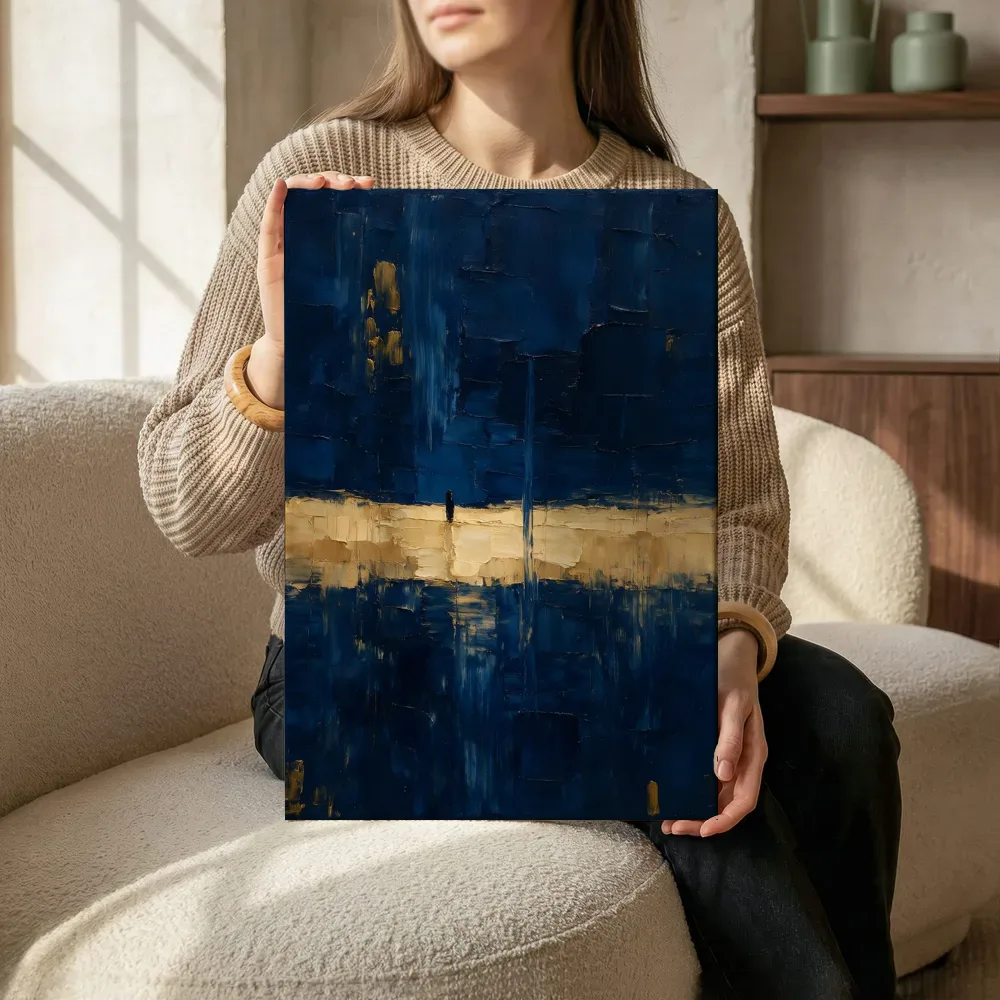 Sfeerimpressie: Marineblauw en pruisisch blauw in verticale halen terwijl het zittend wordt getoond