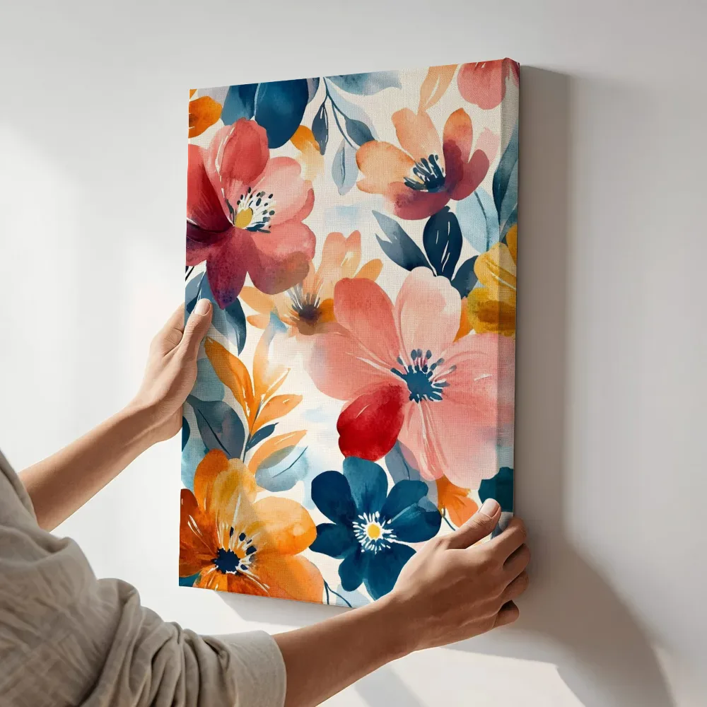 Sfeerimpressie: Marineblauw bloemenpatroon terwijl het aan de muur wordt gehangen