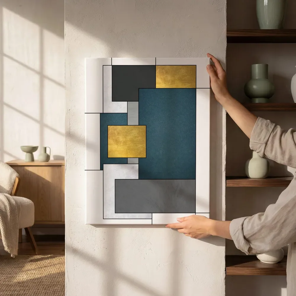 Sfeerimpressie: Materiaalmix in goud en marineblauw naast de kast