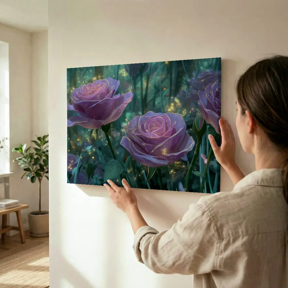 Sfeerimpressie: Mauve rozen in een glinsterend mysterieus bos terwijl het wordt opgehangen