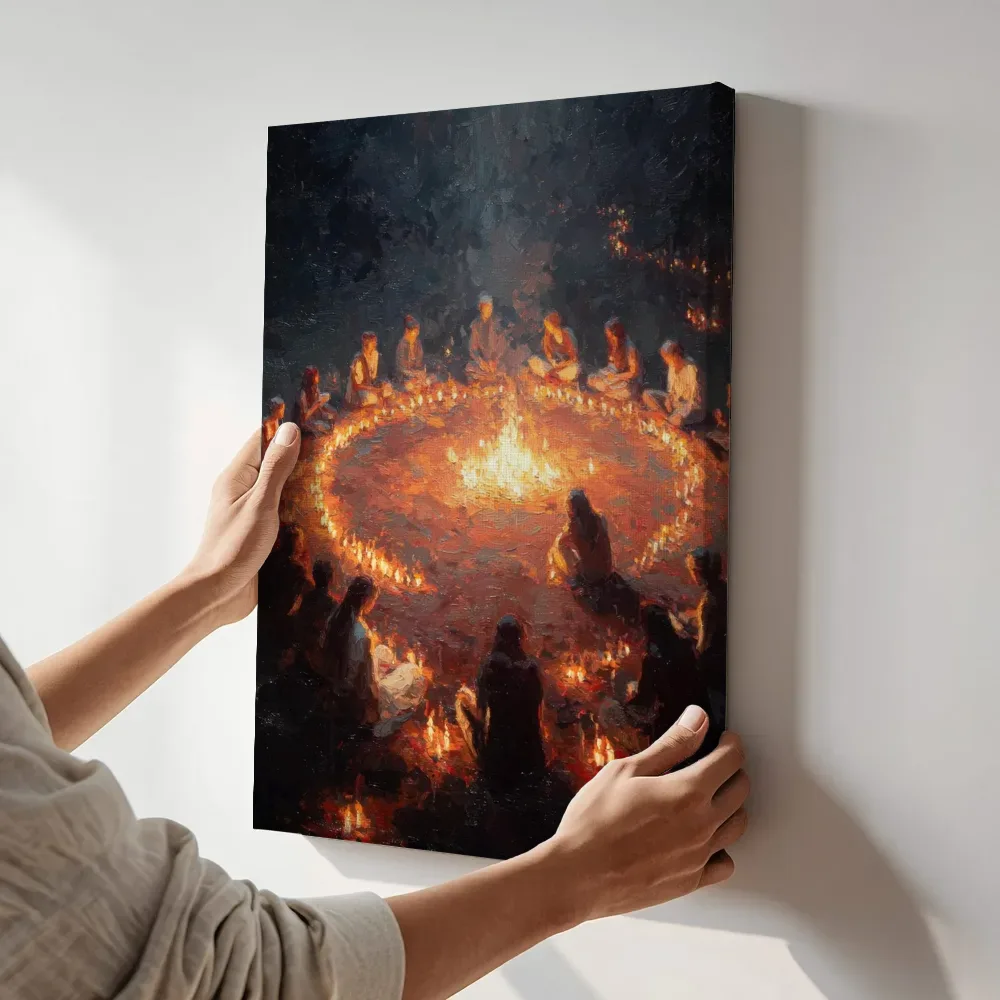 Sfeerimpressie: Meditatiekring bij kaarslicht terwijl het aan de muur wordt gehangen