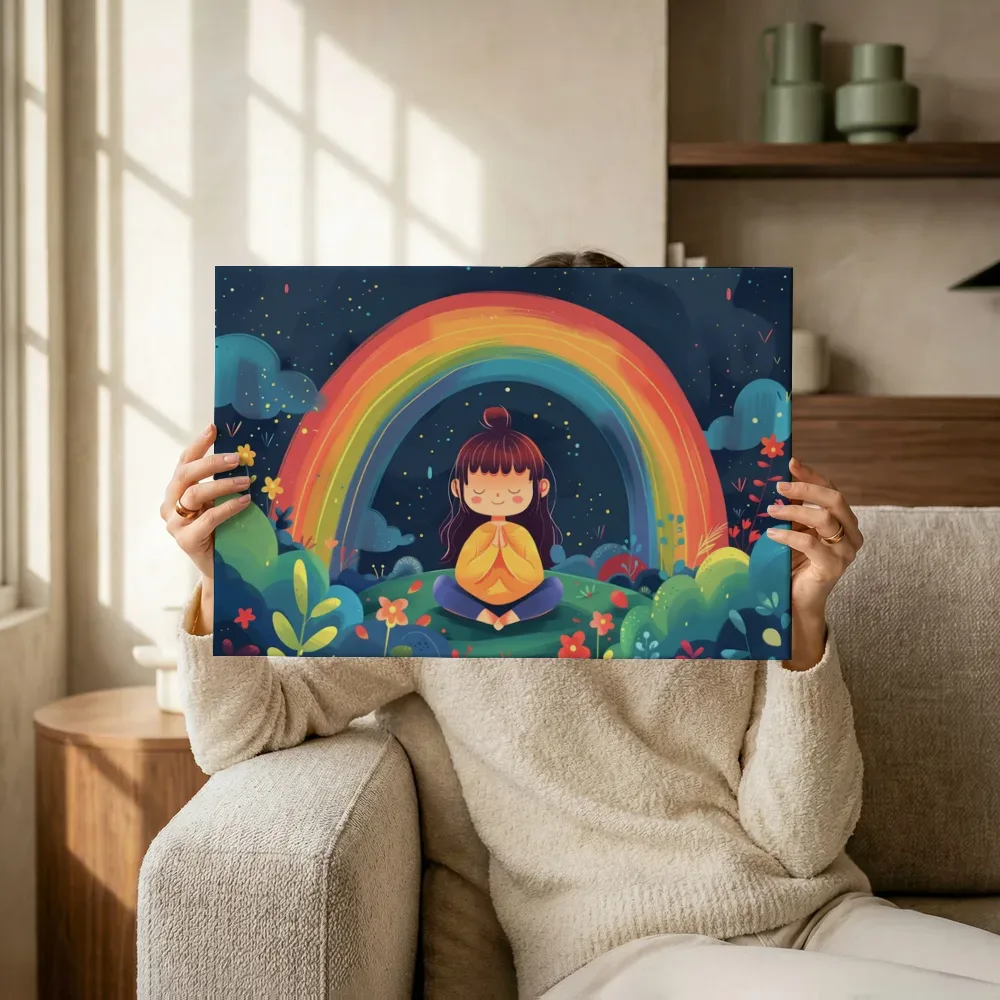 Sfeerimpressie: Mediterend meisje onder de regenboog terwijl het omhoog wordt gehouden