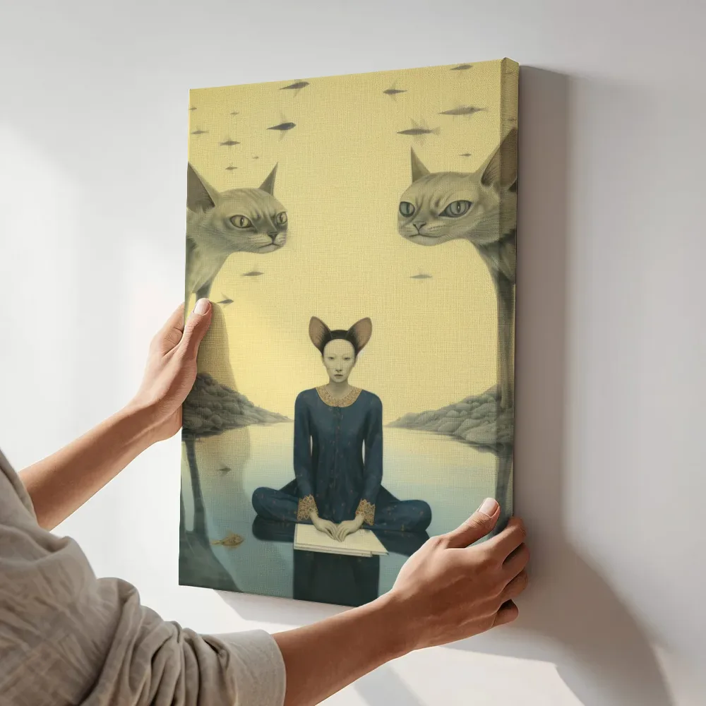 Sfeerimpressie: Mediterende kattenvrouw terwijl het aan de muur wordt gehangen