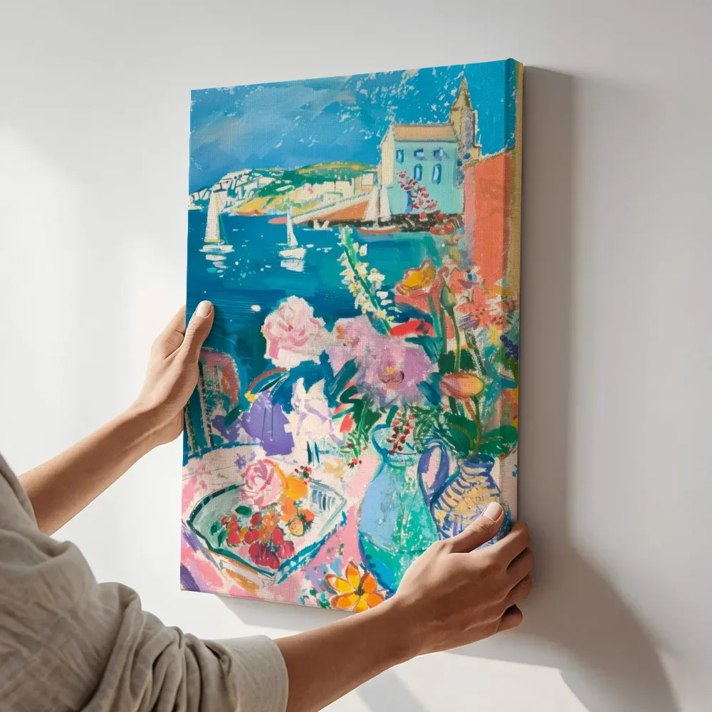 Sfeerimpressie: Mediterrane haven met bloemen terwijl het aan de muur wordt gehangen