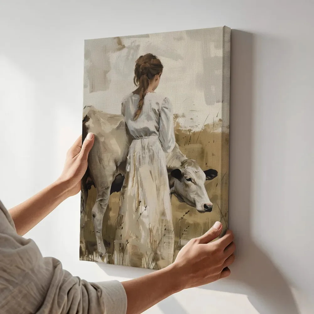 Sfeerimpressie: Meisje bij de koe terwijl het aan de muur wordt gehangen
