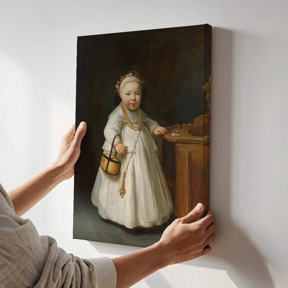 Sfeerimpressie: Meisje bij een kinderstoel van Govert Flinck terwijl het aan de muur wordt gehangen