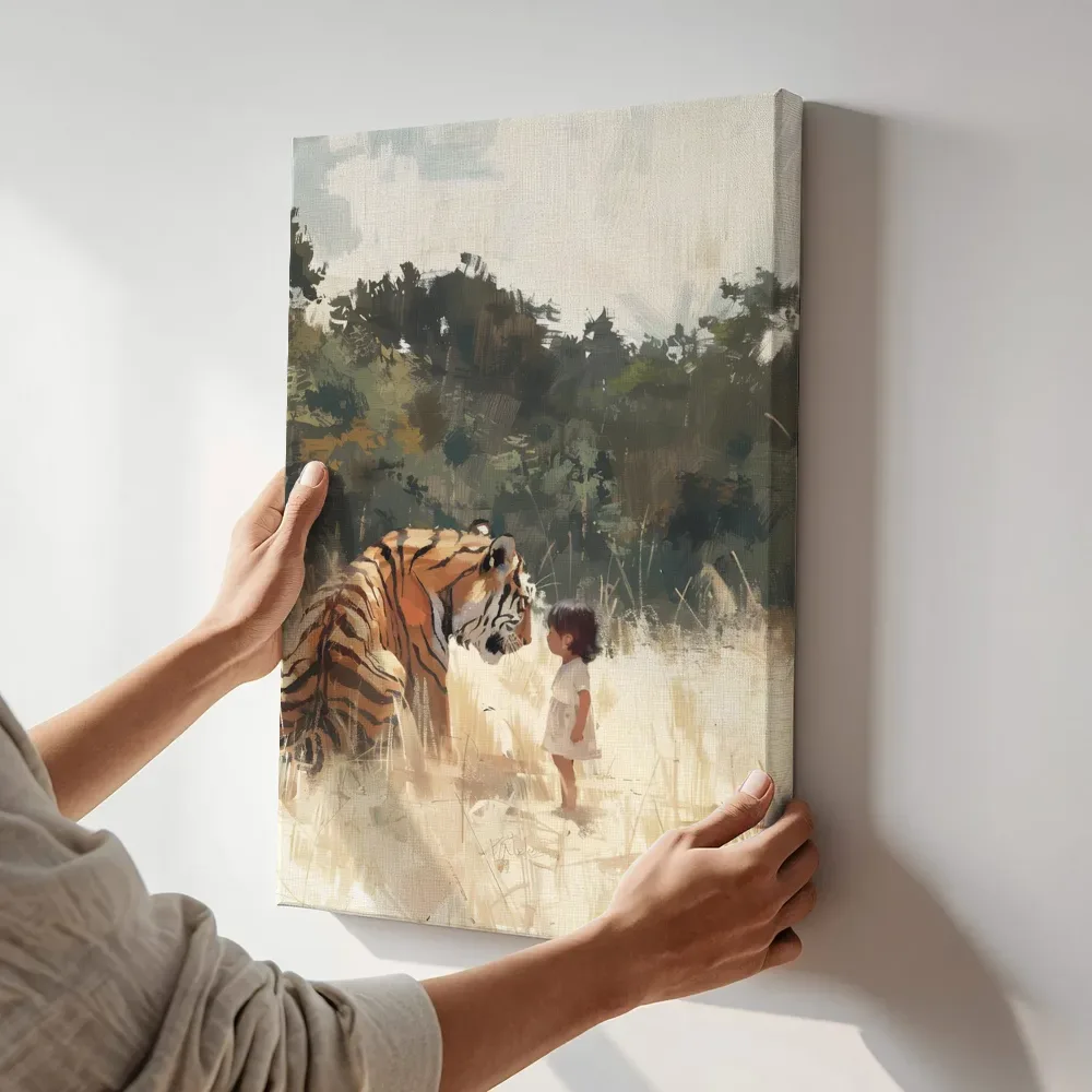 Sfeerimpressie: Meisje en tijger in het gras terwijl het aan de muur wordt gehangen