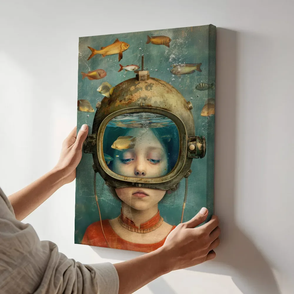 Sfeerimpressie: Meisje in duikhelm met blauwe ogen terwijl het aan de muur wordt gehangen