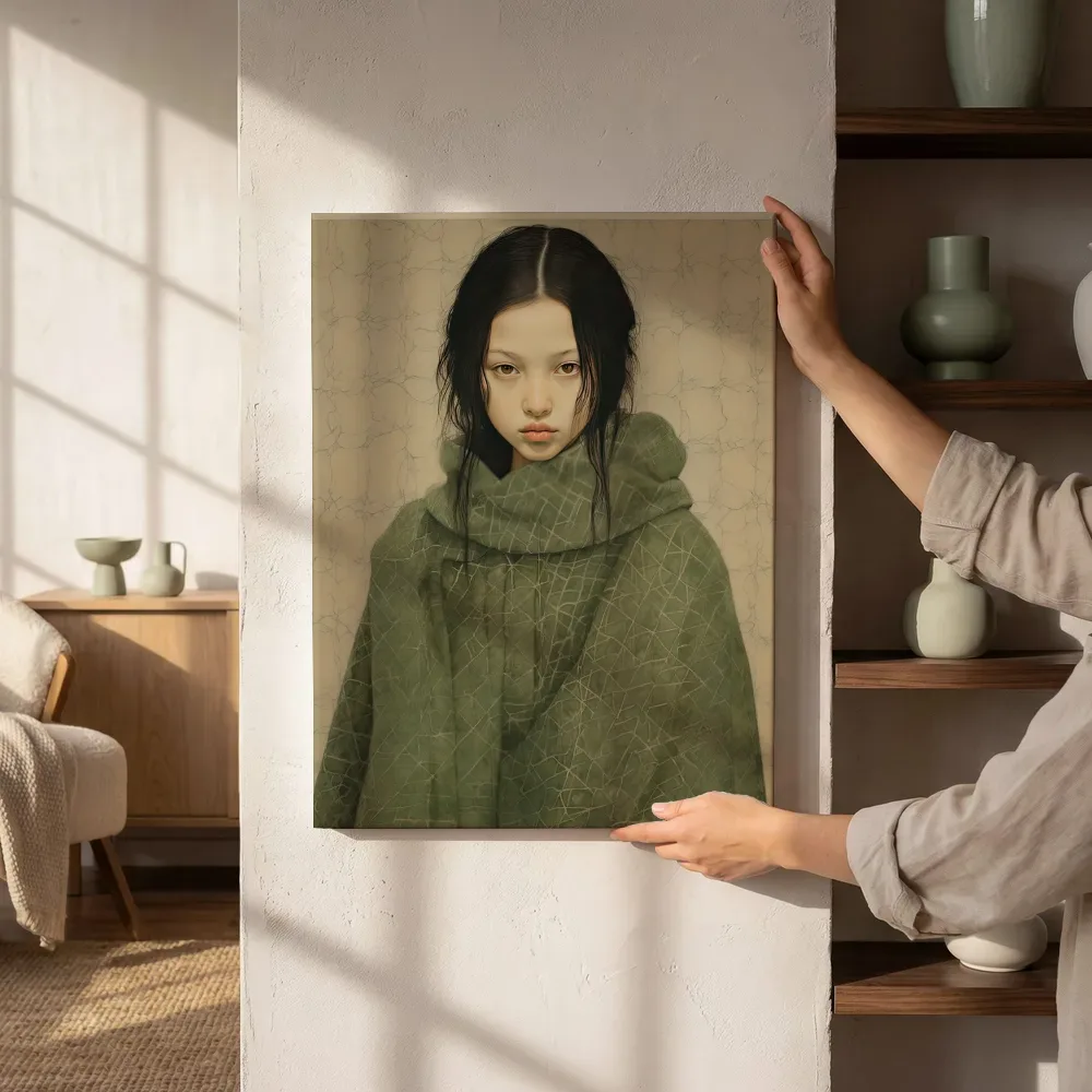 Sfeerimpressie: Meisje in groene mantel terwijl het aan de muur wordt gehangen