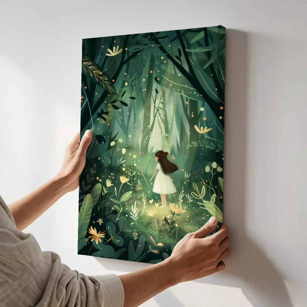 Sfeerimpressie: Meisje in het toverbos terwijl het aan de muur wordt gehangen