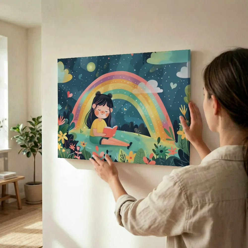 Sfeerimpressie: Meisje leest onder de regenboog terwijl het wordt opgehangen