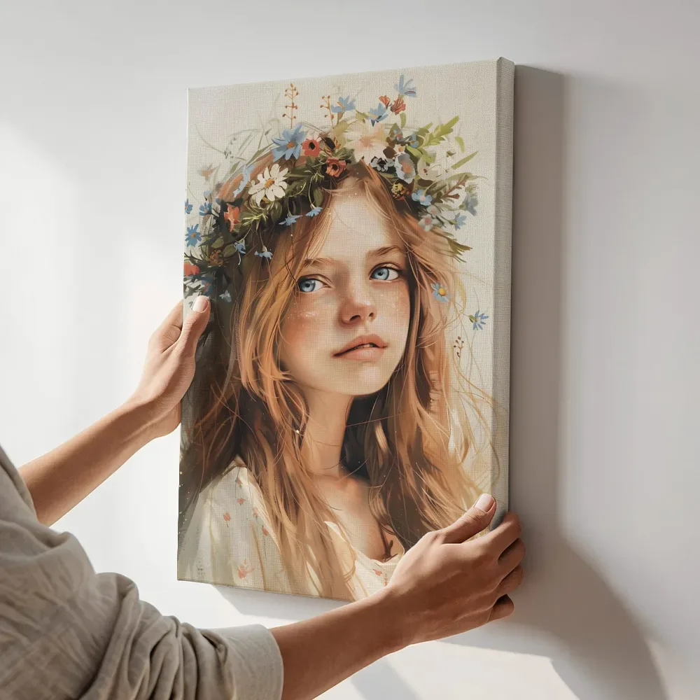 Sfeerimpressie: Meisje met bloemenkroon terwijl het aan de muur wordt gehangen