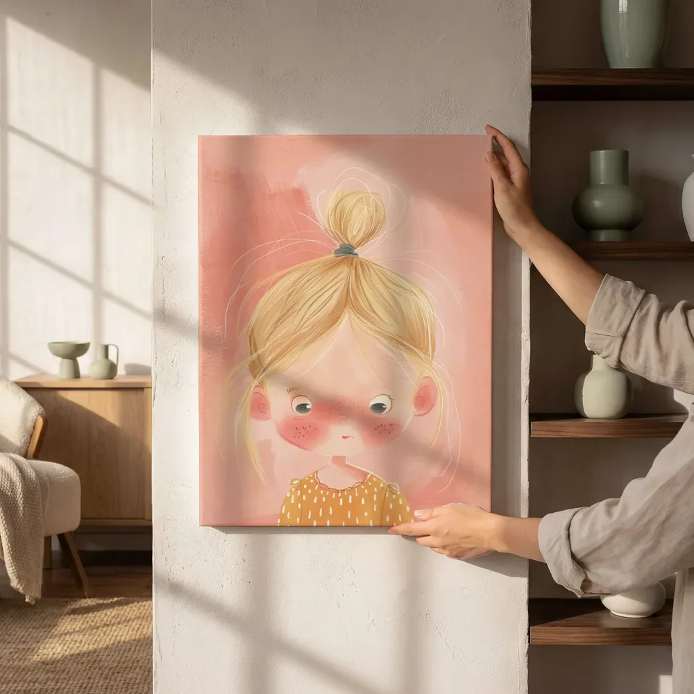 Sfeerimpressie: Meisje met blonde knot naast de kast