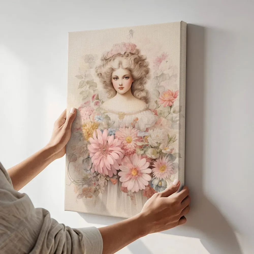 Sfeerimpressie: Meisje met krullenbos tussen pastelbloemen terwijl het aan de muur wordt gehangen