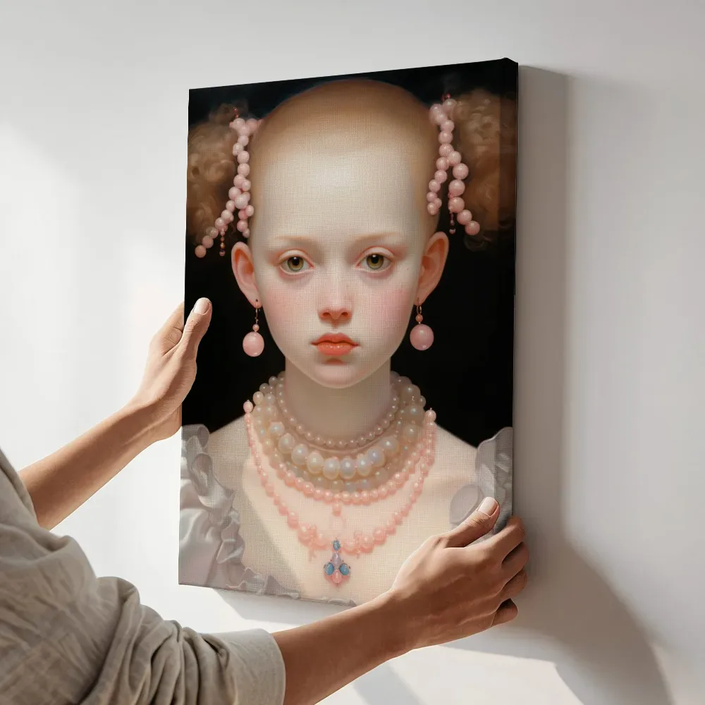 Sfeerimpressie: Meisje in roze terwijl het aan de muur wordt gehangen