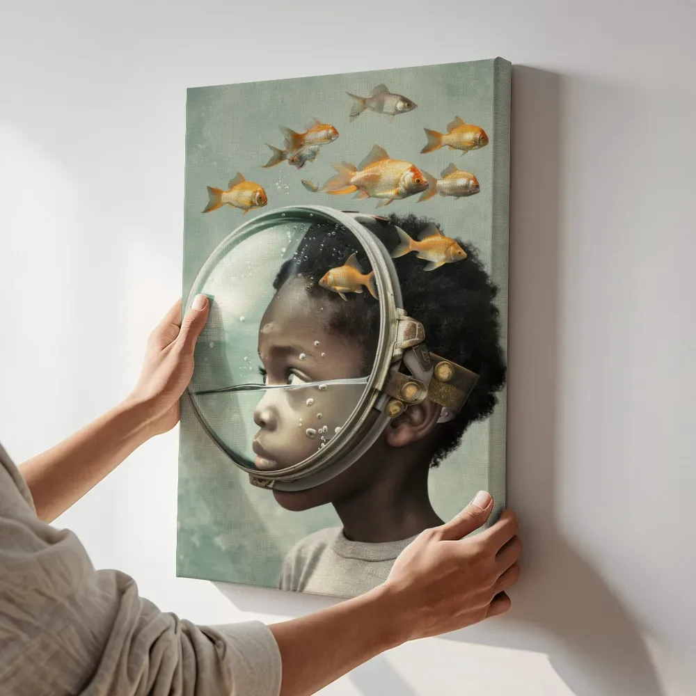 Sfeerimpressie: Meisje profiel in glazen duikbol terwijl het aan de muur wordt gehangen