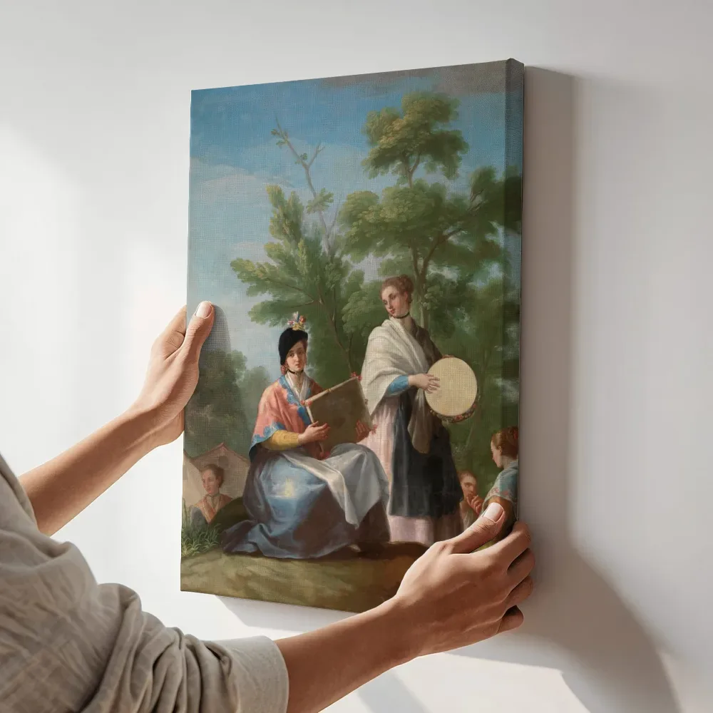 Sfeerimpressie: Meisjes die de tamboerijn slaan van Ramón Bayeu terwijl het aan de muur wordt gehangen