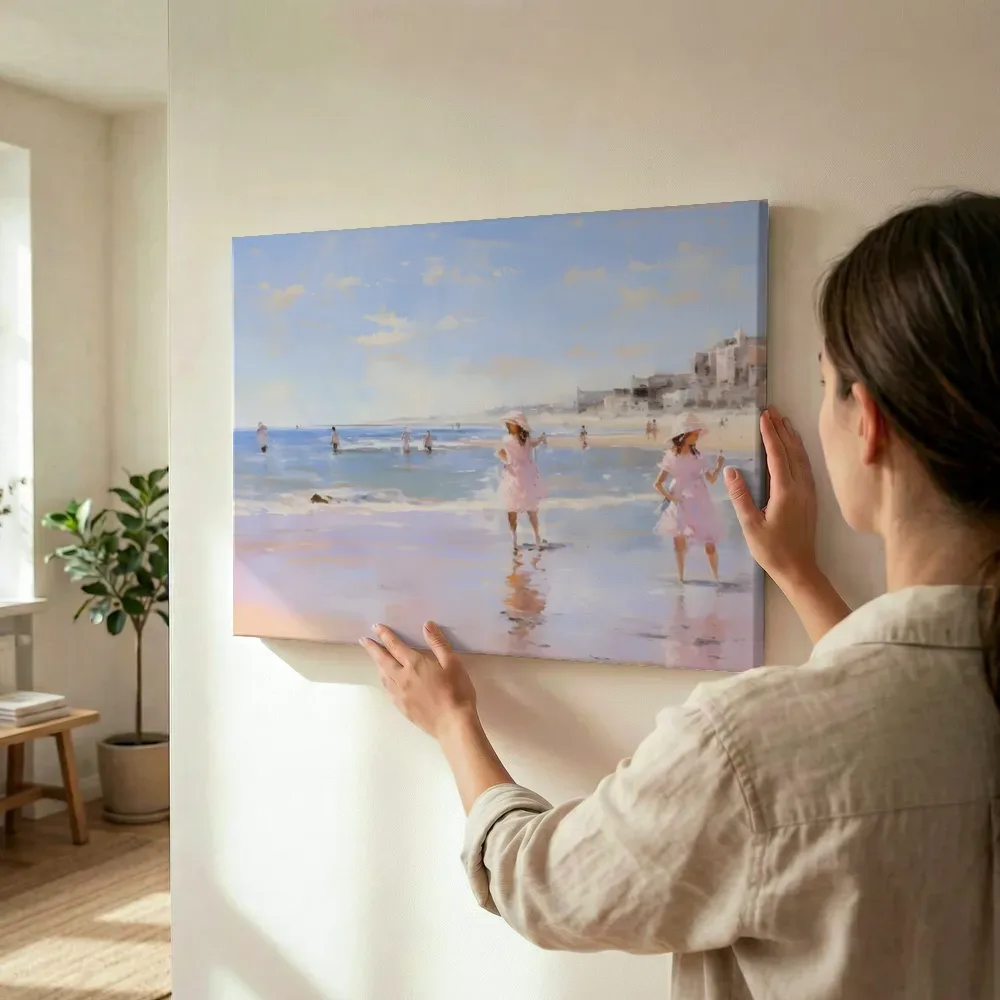 Sfeerimpressie: Meisjes in roze jurken aan zee terwijl het wordt opgehangen