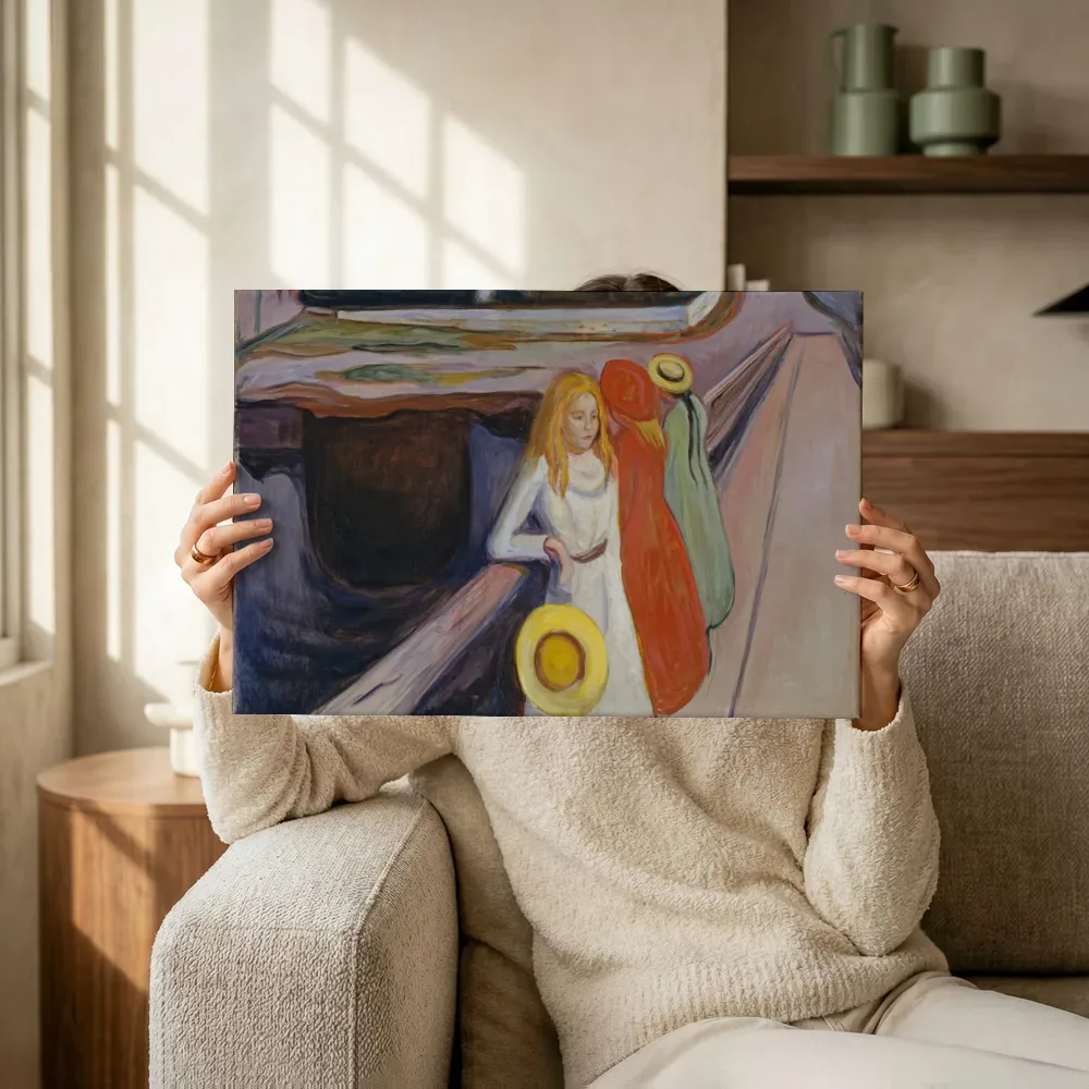 Sfeerimpressie: Meisjes op de brug van Edvard Munch terwijl het omhoog wordt gehouden