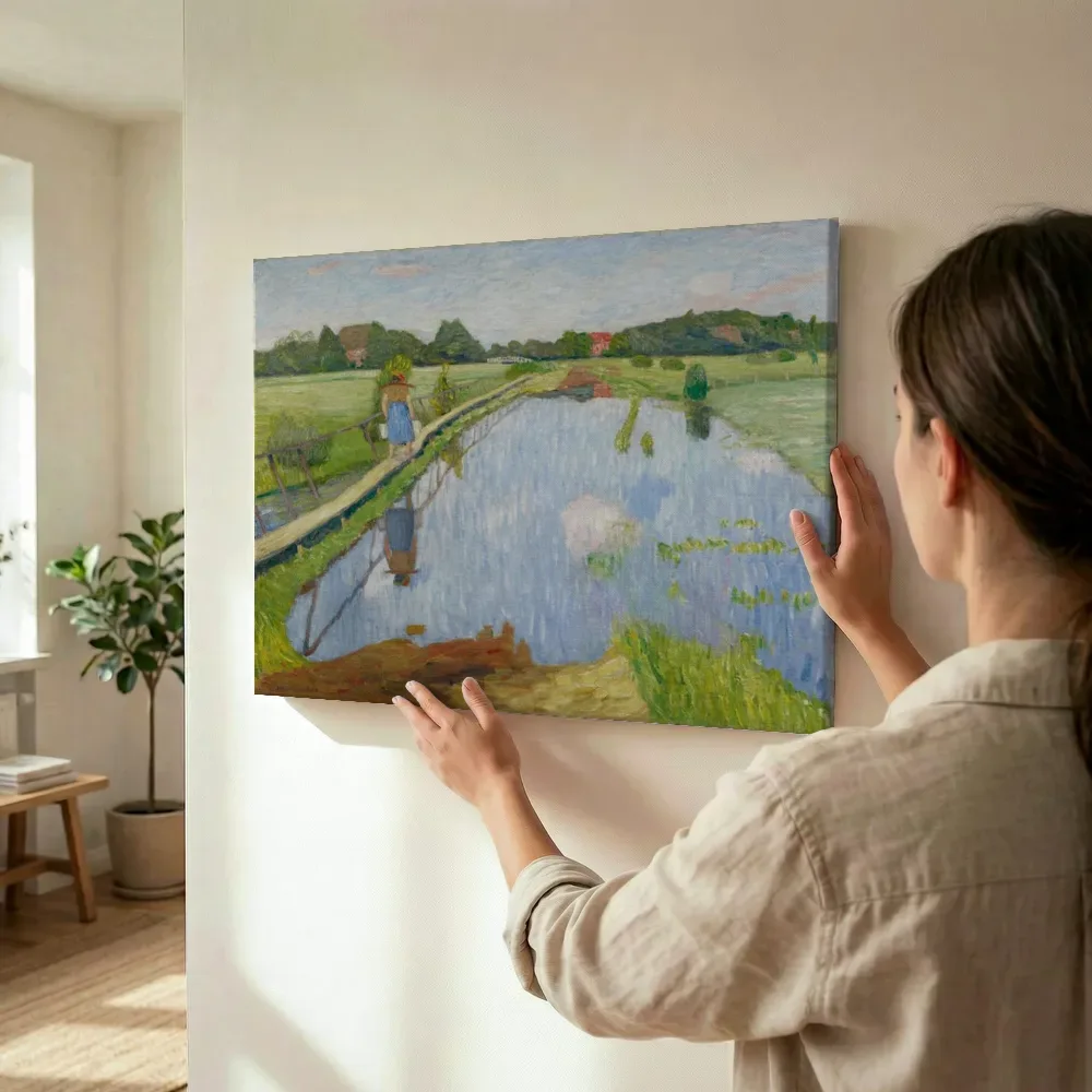 Sfeerimpressie: Melkersteg Fischerhude van Otto Modersohn terwijl het wordt opgehangen