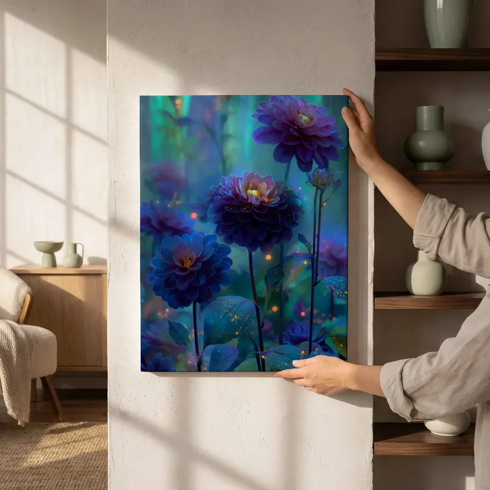 Sfeerimpressie: Middernacht dahlia's in het lichtgevende woud naast de kast