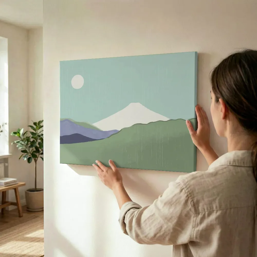 Sfeerimpressie: Minimalistisch berglandschap met volle maan terwijl het wordt opgehangen