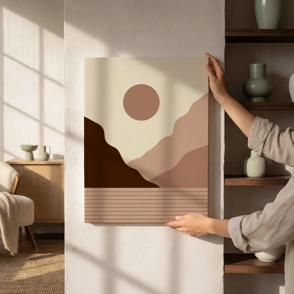 Sfeerimpressie: Minimalistisch bergpanorama met zon naast de kast