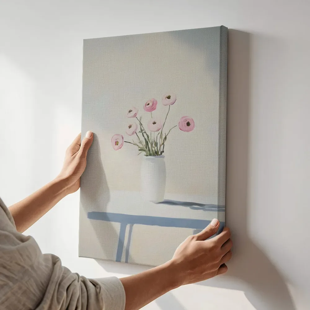 Sfeerimpressie: Minimalistisch boeket roze ranonkels terwijl het aan de muur wordt gehangen