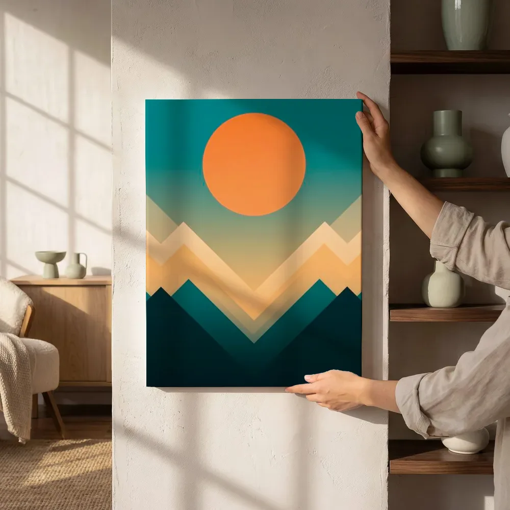 Sfeerimpressie: Minimalistische bergpieken bij zonsopgang naast de kast