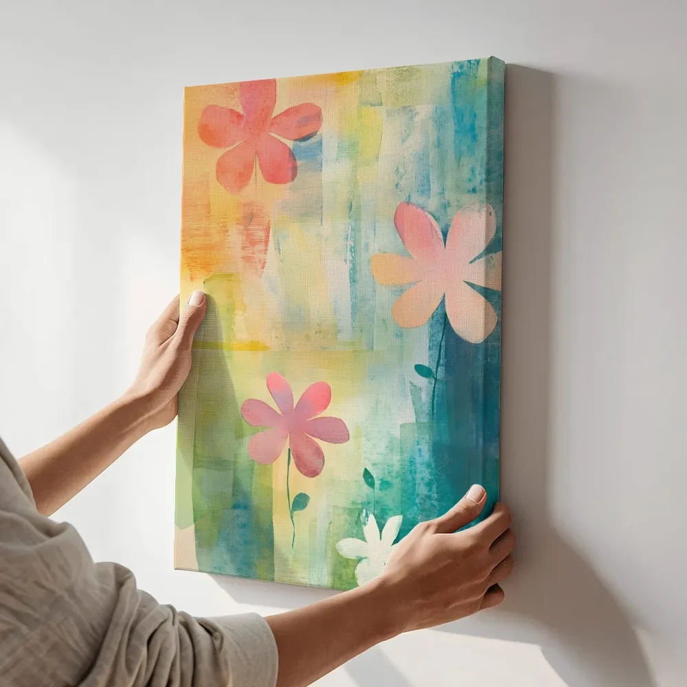 Sfeerimpressie: Minimalistische bloemen aquarel terwijl het aan de muur wordt gehangen