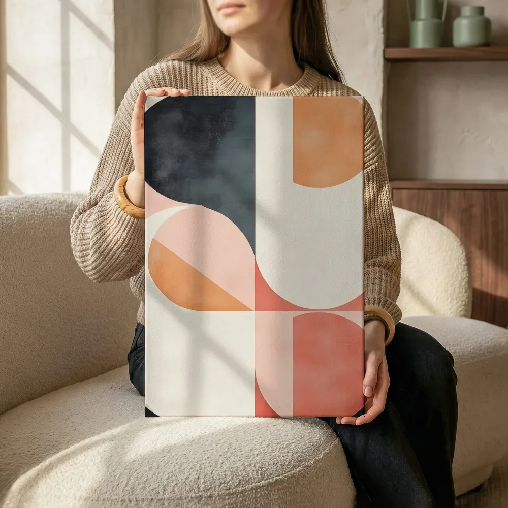 Sfeerimpressie: Minimalistische cirkelbogen in pastelroze en perzik terwijl het aan de muur wordt gehangen