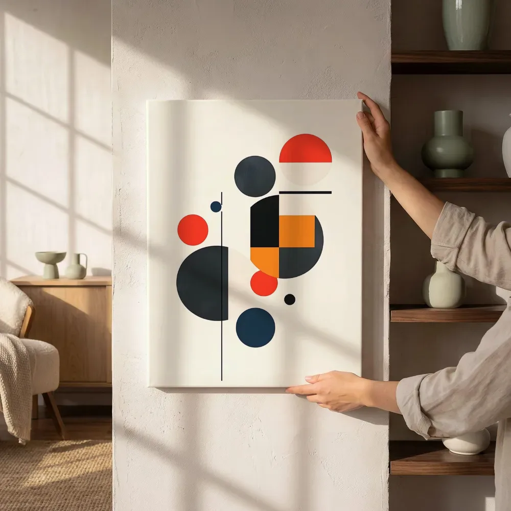 Sfeerimpressie: Minimalistische cirkels in rood en marineblauw naast de kast