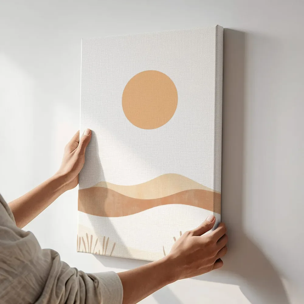 Sfeerimpressie: Minimalistische duinen en zon terwijl het aan de muur wordt gehangen