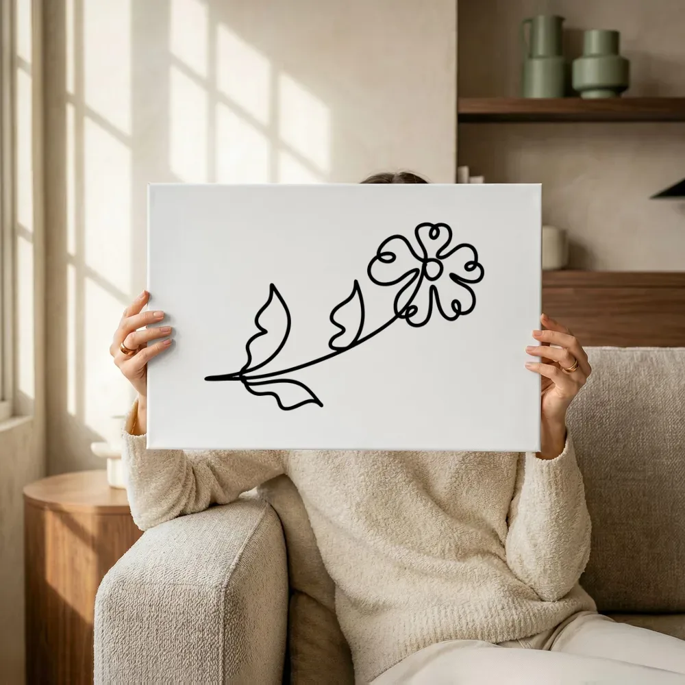 Sfeerimpressie: Minimalistische lijntekening van een bloem terwijl het omhoog wordt gehouden