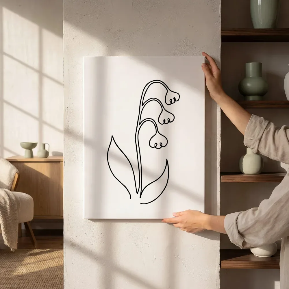 Sfeerimpressie: Minimalistische lijntekening bloementak naast de kast