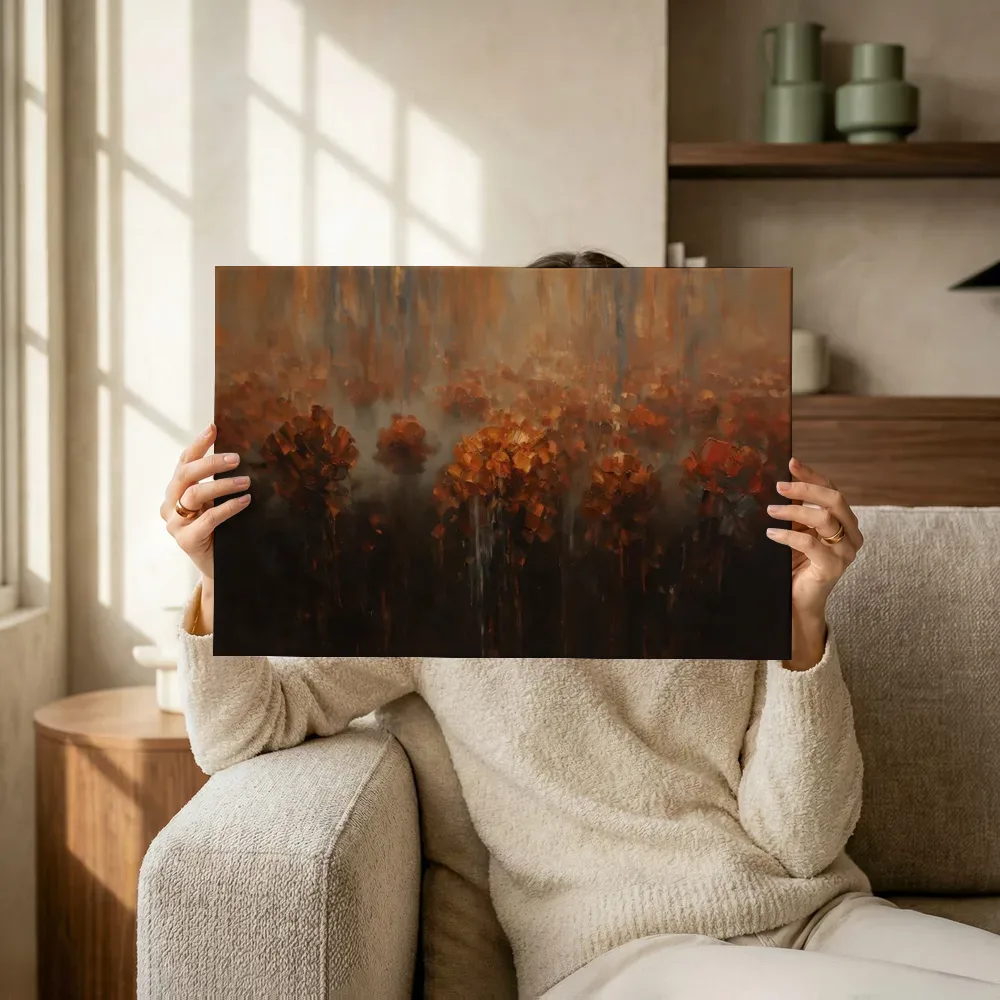 Sfeerimpressie: Mistig landschap in roestbruin terwijl het omhoog wordt gehouden