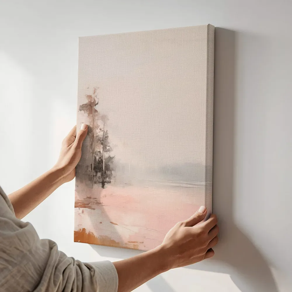 Sfeerimpressie: Mistig meer bij zonsopgang terwijl het aan de muur wordt gehangen