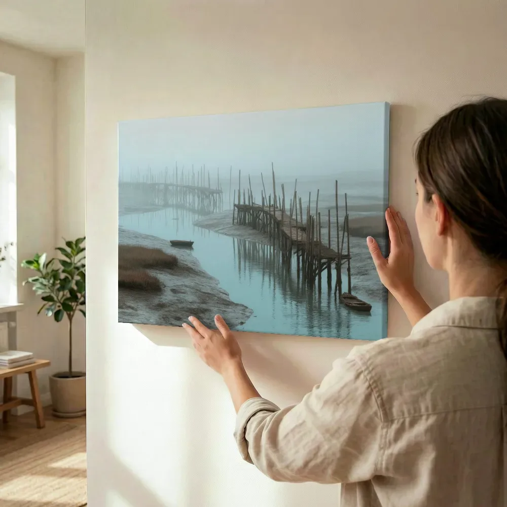 Sfeerimpressie: Mistige vissteiger in het wad terwijl het wordt opgehangen