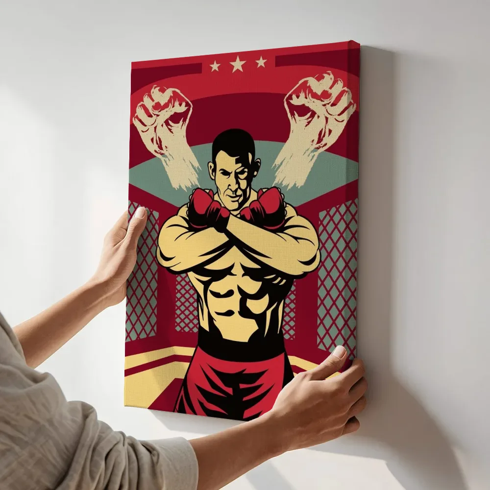 Sfeerimpressie: MMA vechter poster terwijl het aan de muur wordt gehangen