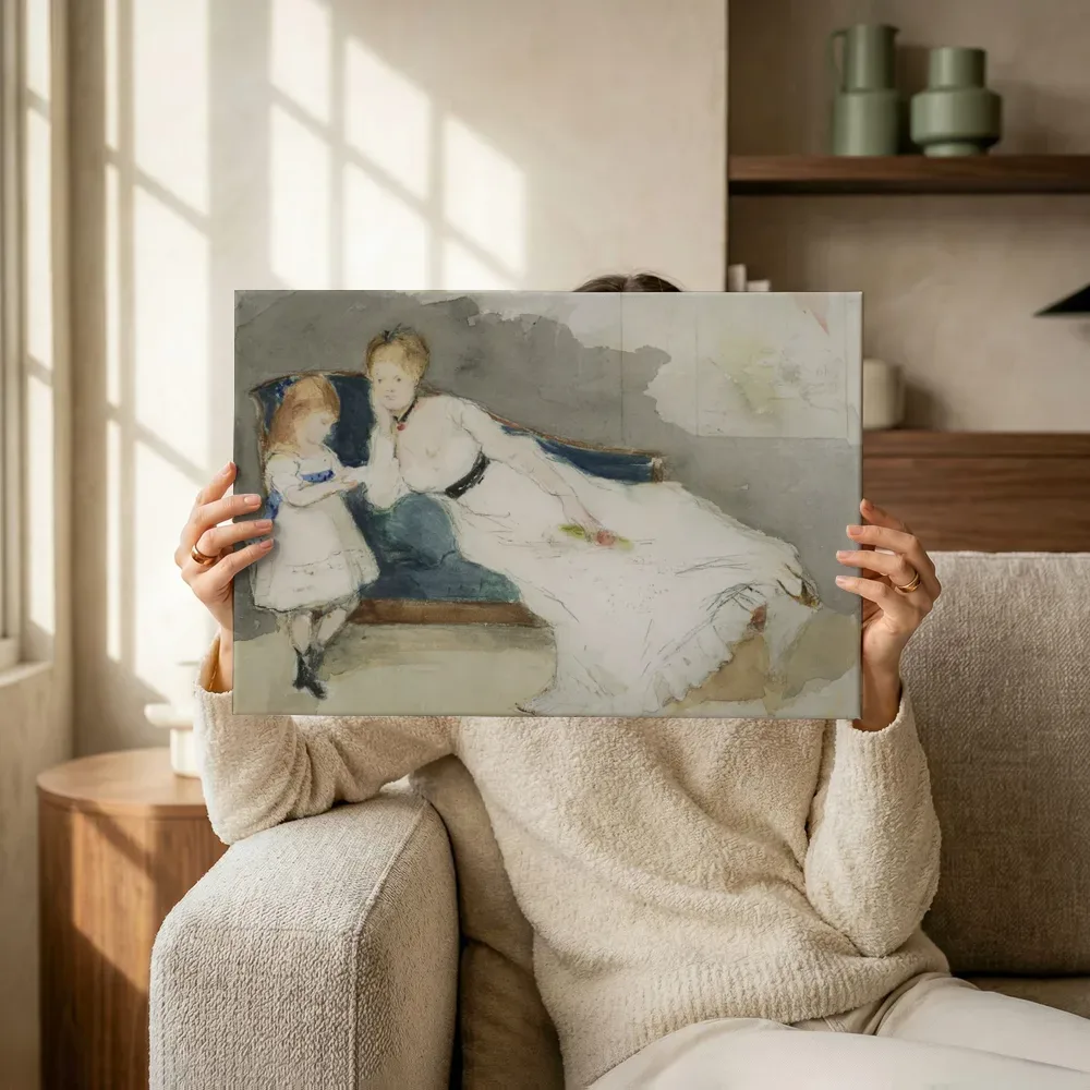 Sfeerimpressie: Mme gobillard et sa fille paule van Berthe Morisot terwijl het omhoog wordt gehouden
