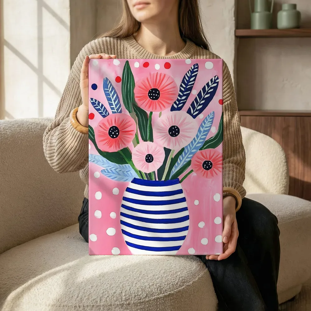 Sfeerimpressie: Moderne roze bloemen in streepvaas naast de kast