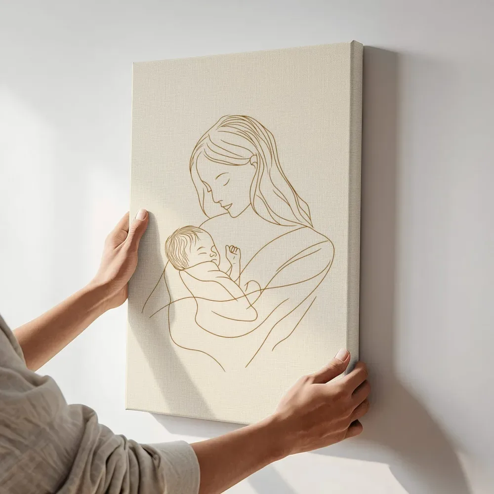 Sfeerimpressie: Moeder en kind lijntekening terwijl het aan de muur wordt gehangen