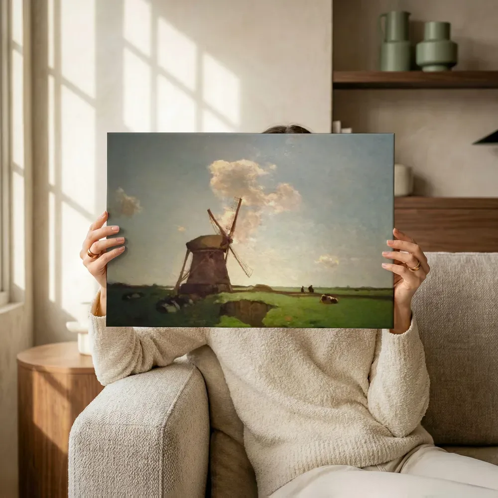 Sfeerimpressie: Molen bij Noorden van Jan Hendrik Weissenbruch terwijl het omhoog wordt gehouden