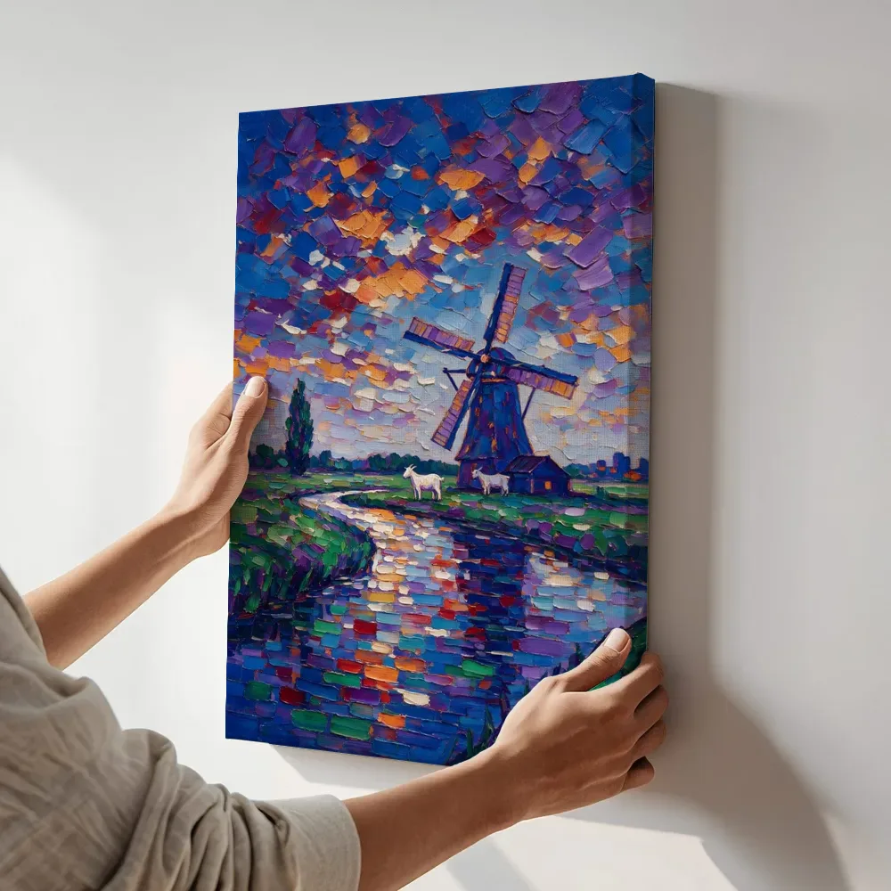 Sfeerimpressie: Molen diep in het vergezicht aan het water terwijl het aan de muur wordt gehangen