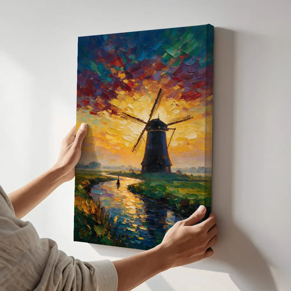 Sfeerimpressie: Molen in diep tegenlicht in de mist terwijl het aan de muur wordt gehangen