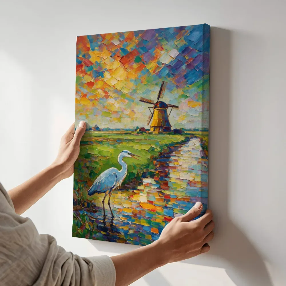Sfeerimpressie: Molen gedempt in het vergezicht aan het water terwijl het aan de muur wordt gehangen