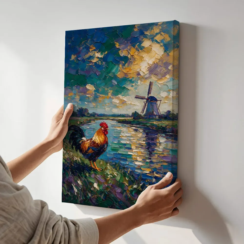 Sfeerimpressie: Molen in het vergezicht aan het water terwijl het aan de muur wordt gehangen