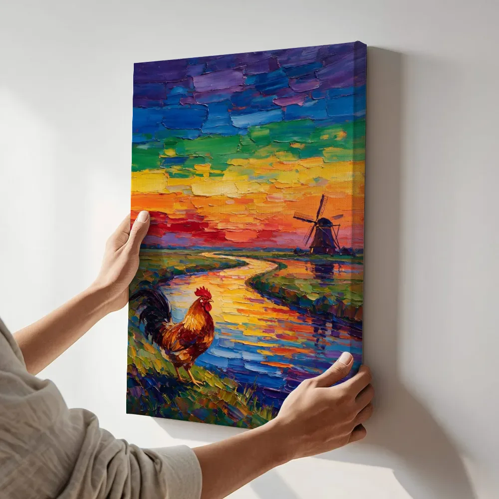 Sfeerimpressie: Molen licht in het vergezicht aan het water terwijl het aan de muur wordt gehangen